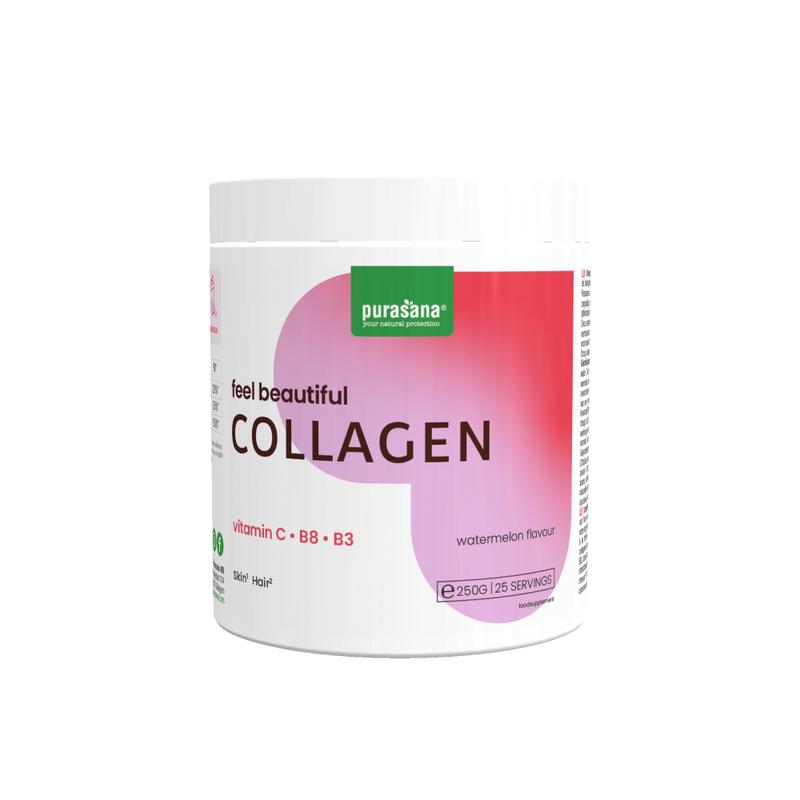 Purasana Collageen Watermeloen herbal supplement in 250g package, featuring watermelon flavor and natural ingredients.
