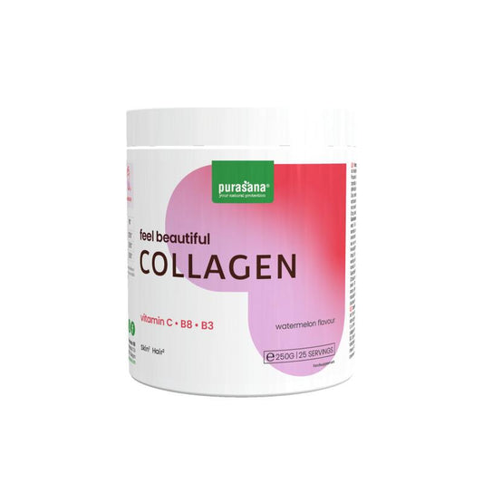 Purasana Collageen Watermeloen herbal supplement in 250g package, featuring watermelon flavor and natural ingredients.