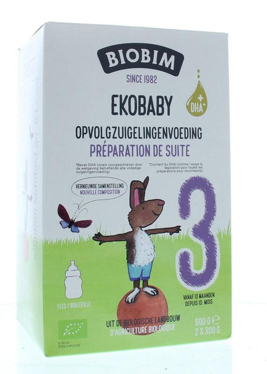 Biobim Ekobaby 3 follow-on baby formula for 10+ months, organic baby food in a 600g container with a baby on the packaging