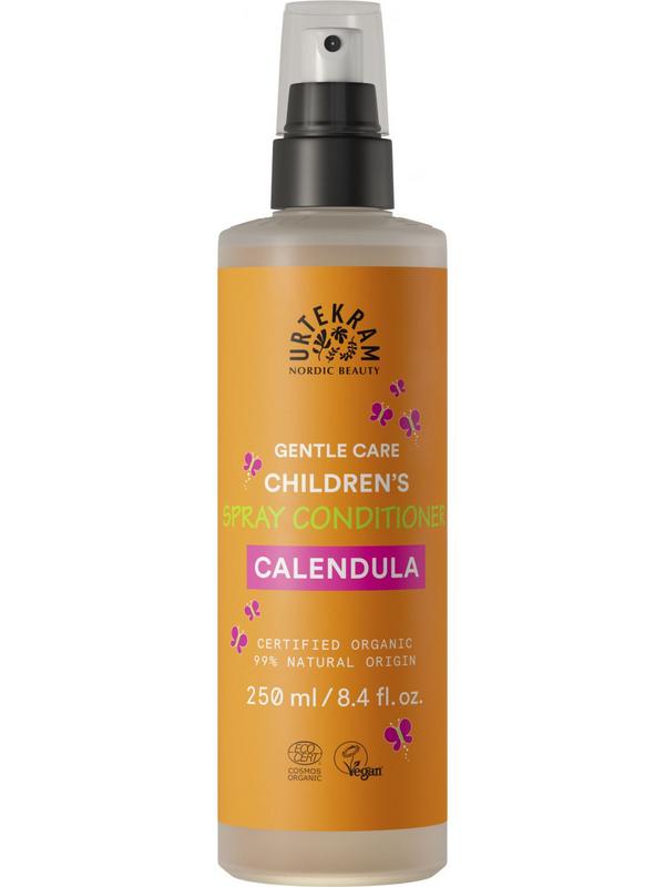 Urtekram Calendula Kids Conditioner spray in 250ml bottle, featuring a child-friendly haircare product with calendula extract.