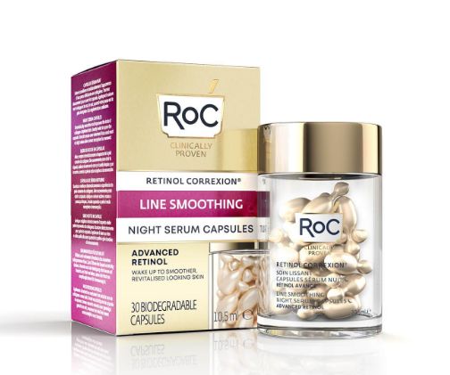 ROC Retinol CorreXion Night Serum capsules for facial skincare, featuring a sleek bottle with 30 capsules for line smoothing.