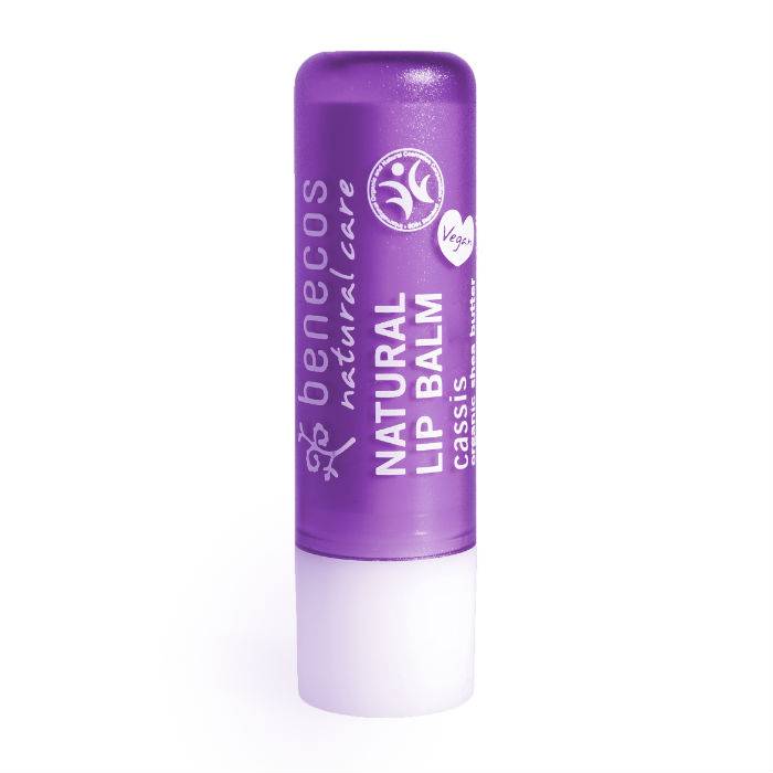 Benecos Natural Beauty cassis lip balm in box, nourishing lip care product with natural ingredients, displayed in packaging.