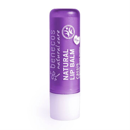 Benecos Natural Beauty cassis lip balm in box, nourishing lip care product with natural ingredients, displayed in packaging.