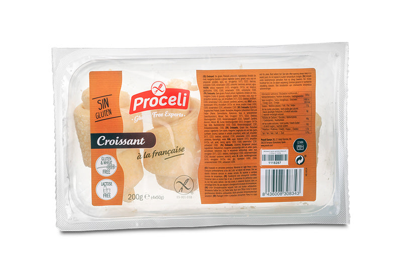 Proceli glutenvrije croissants, 4 stuk, 200g, in een verpakking, met goudbruine buitenkant en zachte binnenkant.