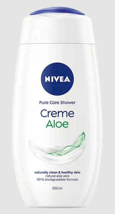 Nivea Creme aloe body care jar, 250ml, with a white and blue label, featuring aloe vera for moisturizing skin care.