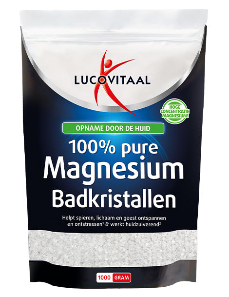 Lucovitaal Magnesium bath crystals in a 1kg bag, suitable for relaxing baths and soothing muscle comfort.