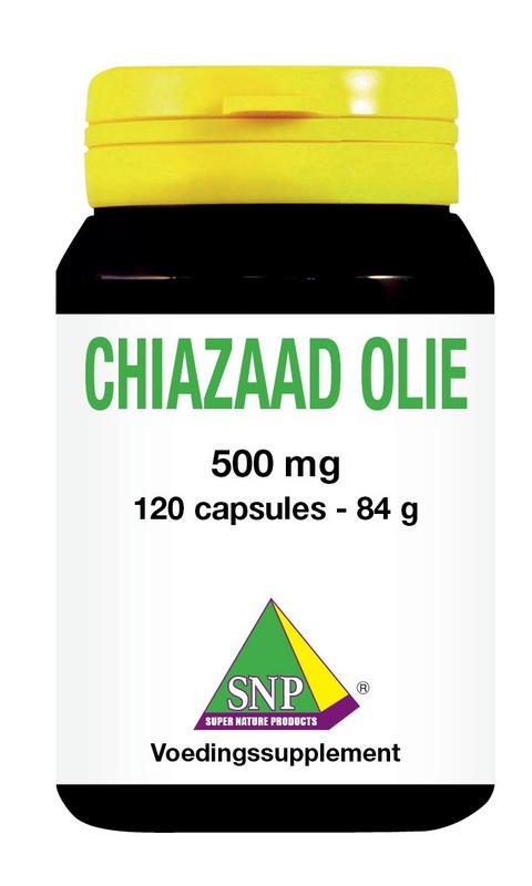 SNP Chiazaadolie 500mg vegan capsules, dietary supplement with omega-rich vetzuren, displayed in a bottle.
