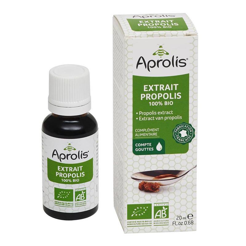 Aprolis Propolis extract 100% biologisch in 20ml bottle, natural herbal supplement from Aprolis, featuring a dark amber liquid in a glass bottle.