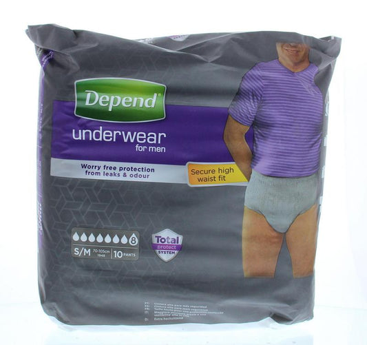 Depend men's super maat S/M incontinent pants, 10-pack, shown in the image with soft, absorbent fabric and elastic waist for comfort.