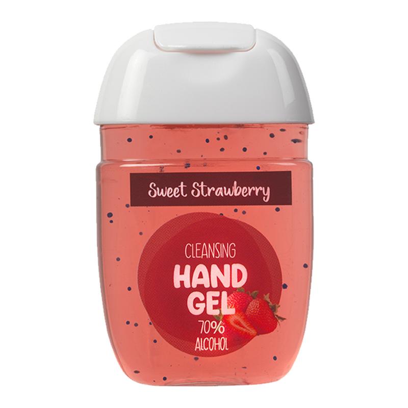 Biolina hand gel with sweet strawberry scent, 29ml disinfectant sanitizer bottle with flip cap for hand hygiene.