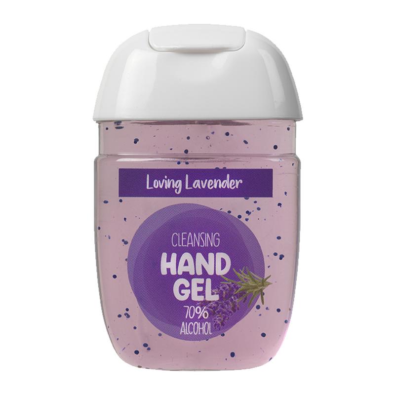 Biolina Loving Lavender hand gel in 29ml, a disinfectant with lavender scent, shown in a clear bottle with label.