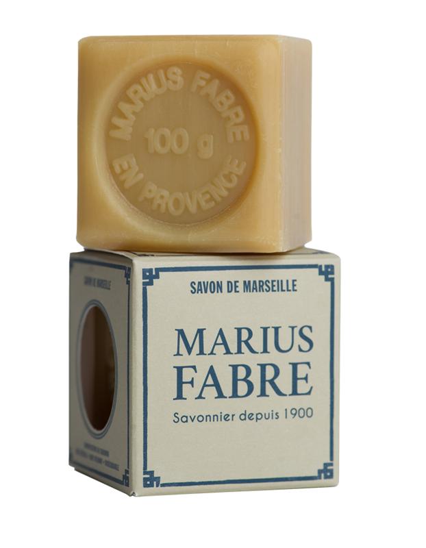 Marius Fabre Savon Marseille zeep in white box, 100g, natural soap with traditional French craftsmanship, visible soap bar in packaging