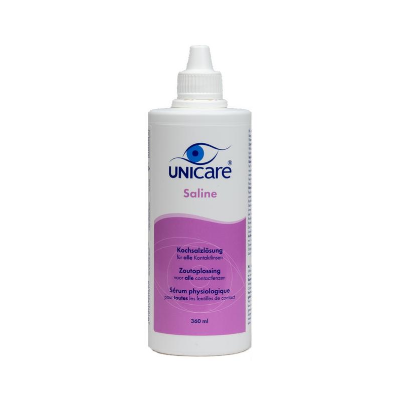 Unicare Saline 360ml Optiek bottle with clear label and white cap, used for eye care and nasal irrigation.