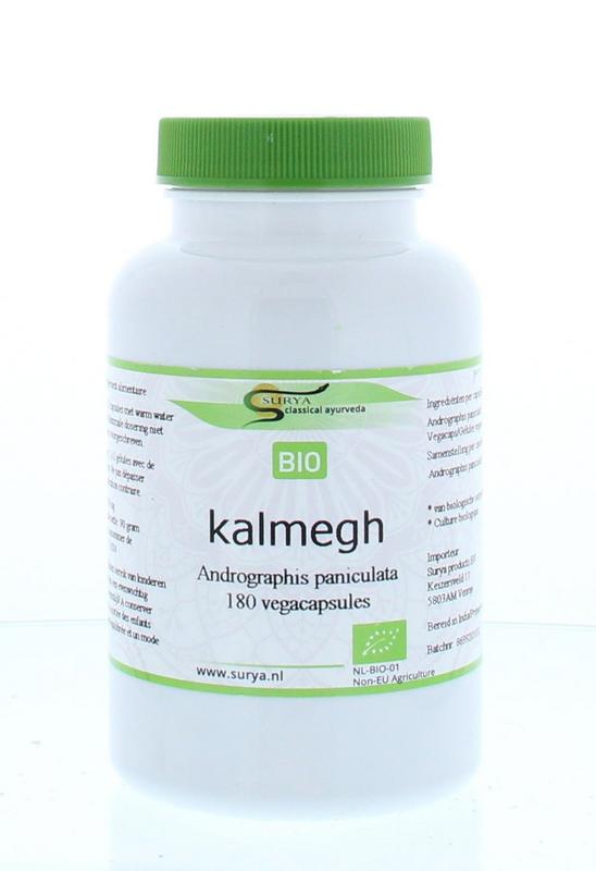 Surya Bio Kalmegh vegetarian herbal capsules in a bottle, used for natural herbal health support.