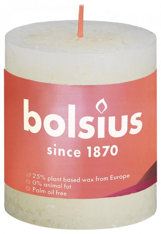 Bolsius Rustiekkaars Shine 80/68 soft pearl candle, tall and elegant, displayed upright in a home setting.
