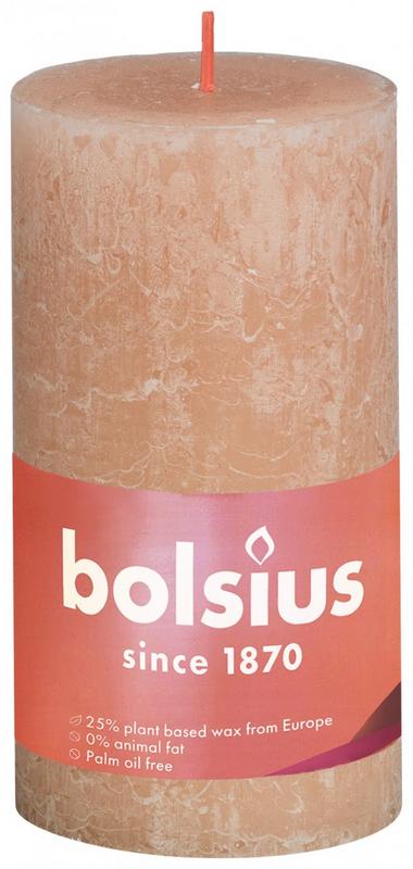 Misty pink Bolsius Rustiekkaars shine 130/68 candle in a natural style, displayed upright with textured surface.