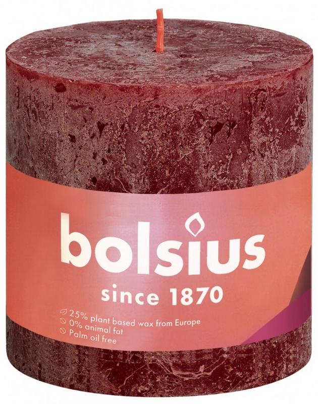 Bolsius Rustiekkaars Shine velvet red candle, 100/100 size, featuring a rustic finish and vibrant red color.