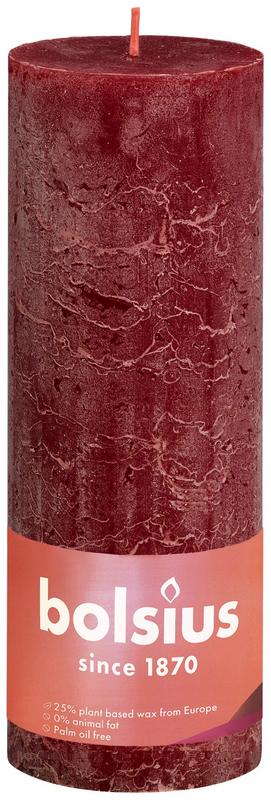 Bolsius Rustiekkaars Shine 190/68 velvet red candle, showing smooth surface and warm red color, ideal for home decor.