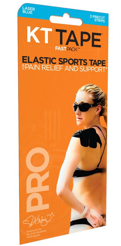 KT Tape Pro precut light blue kinesiology tape strips, 3-pack, for muscle support and injury relief, shown in a close-up image.