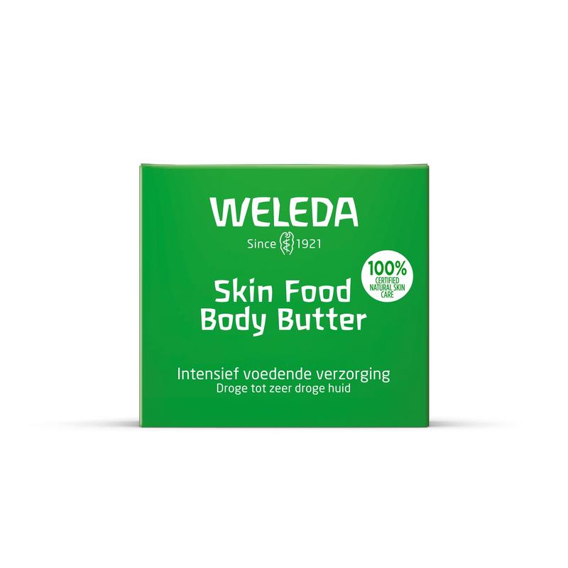Weleda Skin Food body butter in 150ml jar, creamy moisturizer for nourishing and hydrating skin, detailed label visible.