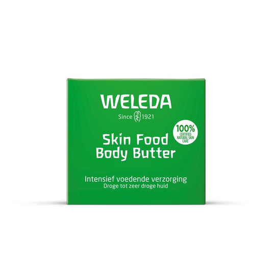 Weleda Skin Food body butter in 150ml jar, creamy moisturizer for nourishing and hydrating skin, detailed label visible.