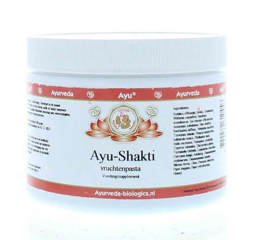 Ayurveda BR Ayu Shakti Biovita Jeewan herbal supplement in 500g jar, featuring traditional kruidenpreparaten ingredients.