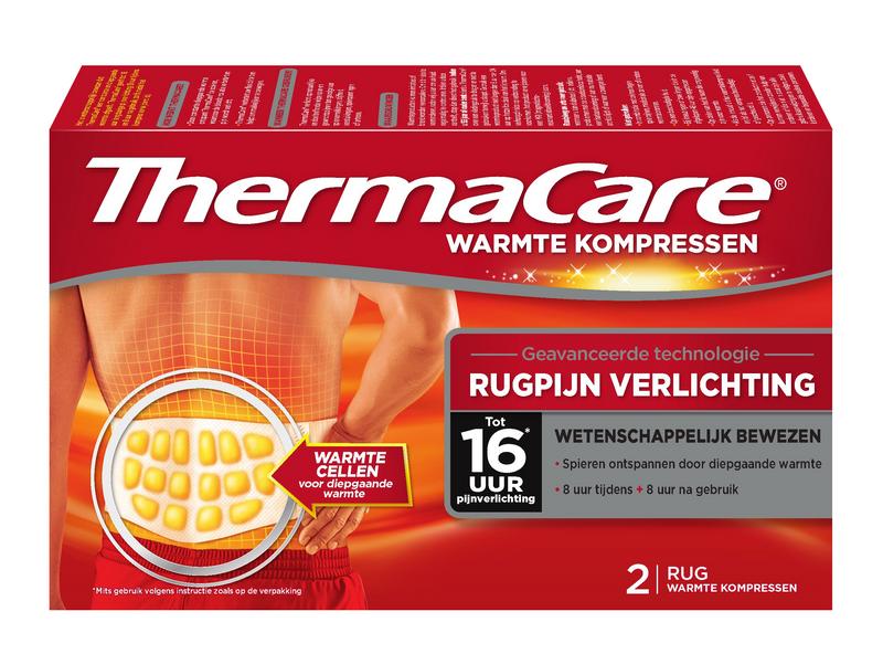 Thermacare warm and cold compresses for back pain relief, 2-pack of heat therapy and cooling packs, suitable for muscle soreness.