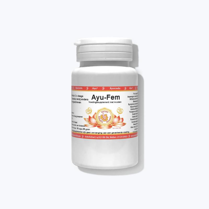 Ayurveda BR Fem herbal supplement in a bottle with tablets, natural herbal preparation for women's health.