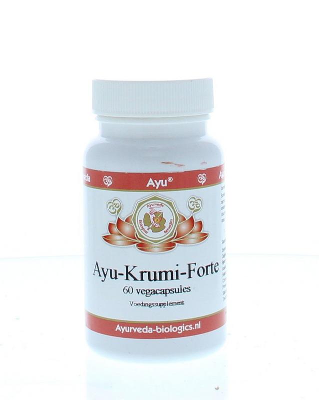 Ayurveda BR Kruidenpreparaten Krumi Forte 60 tabletten, herbal supplement with natural ingredients in a blister pack.