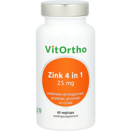 VitOrtho Zink 4 in 1 mineral multivitamin capsules in a bottle, vegetarian dietary supplement for zinc and minerals.