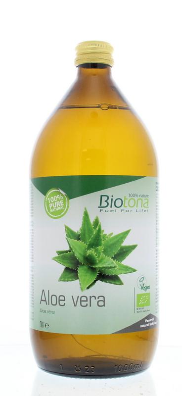 Biotona Aloe Vera Juice Bio in a 1-liter bottle, natural herbal drink with fresh aloe vera leaves and clear liquid inside.