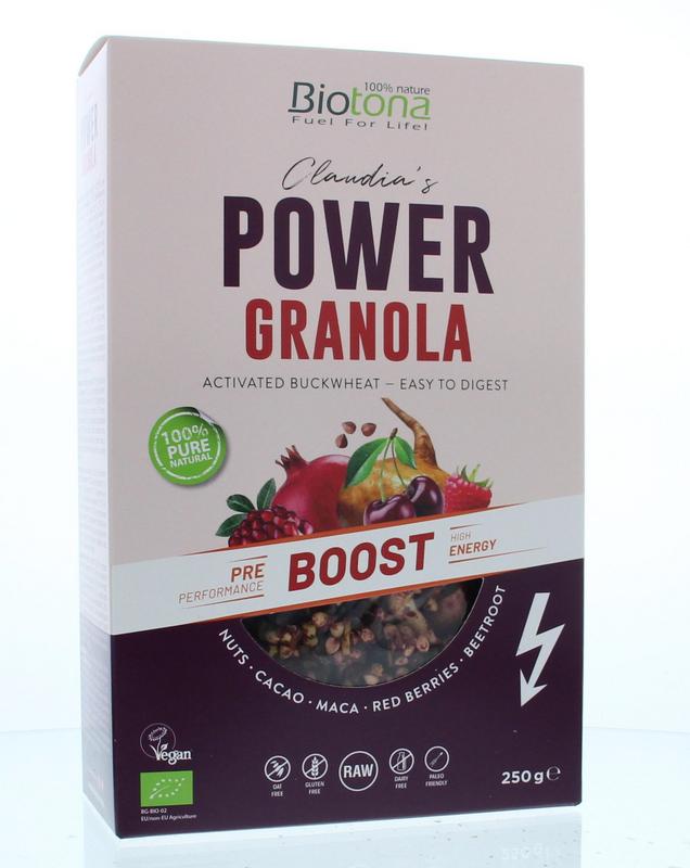 Biotona Power granola boost bio breakfast cereal in a 250g package, showing a bowl of granola with nuts and dried fruits.