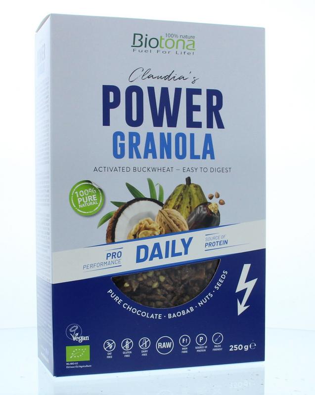 Biotona Power granola daily bio breakfast cereal in a 250g package, featuring a mix of oats, nuts, and dried fruits.
