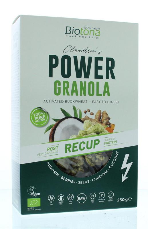 Biotona Power granola recup bio 250g, organic breakfast cereal with mixed grains and seeds in a clear bowl.