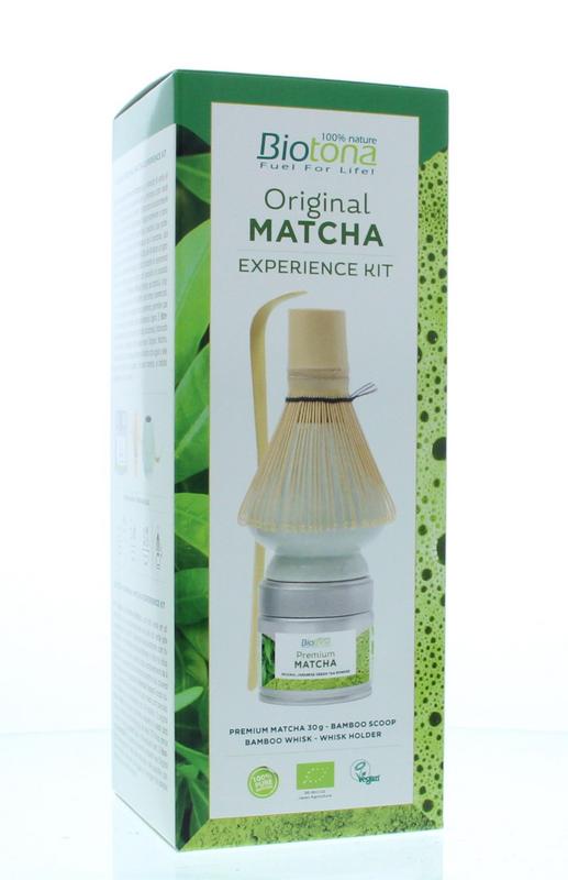 Biotona Matcha Experience Kit with green matcha powder, traditional tea bowl, and accessories for authentic Japanese tea preparation.