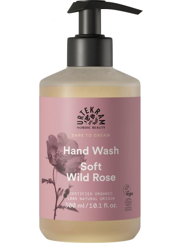 Urtekram Handzeep soft wild rose hand soap in 300ml bottle, gentle hand care with floral wild rose scent.