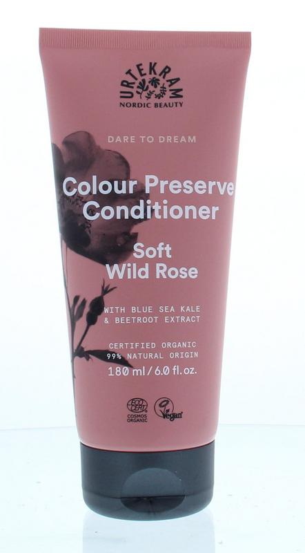 Urtekram Wild Rose Conditioner for soft hair, 180ml, natural hair care product with floral scent, in a white bottle with pink accents.