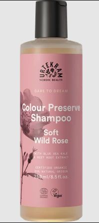 Urtekram soft wild rose shampoo bottle for hair care, 250ml, with a clean, floral packaging design.