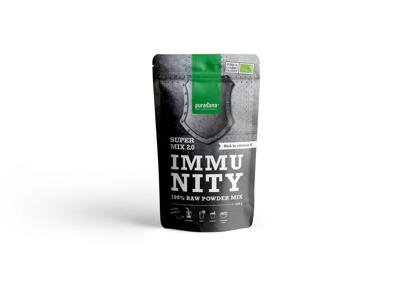 Purasana Immunity Mix herbal supplement in a 100g package, featuring a blend of natural herbs for immune support.