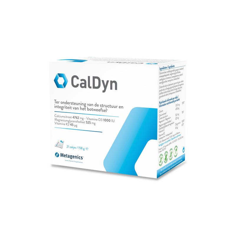 Box of Metagenics Caldyn 21.00 mineral multi sachets with colorful packaging and individual sachets for mineral supplementation.