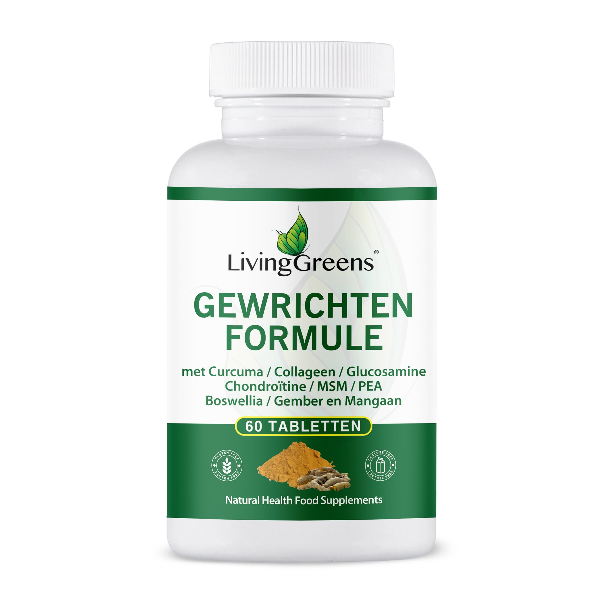 Livinggreens Gewrichten formule with turmeric and collagen complex in a bottle of 60 tablets, showing the supplement packaging.