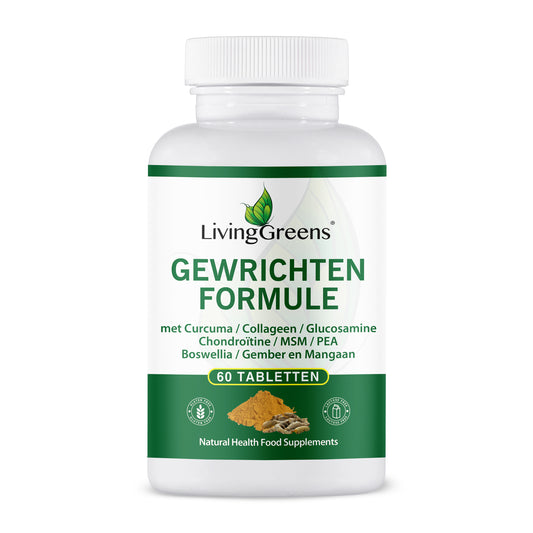 Livinggreens Gewrichten formule with turmeric and collagen complex in a bottle of 60 tablets, showing the supplement packaging.