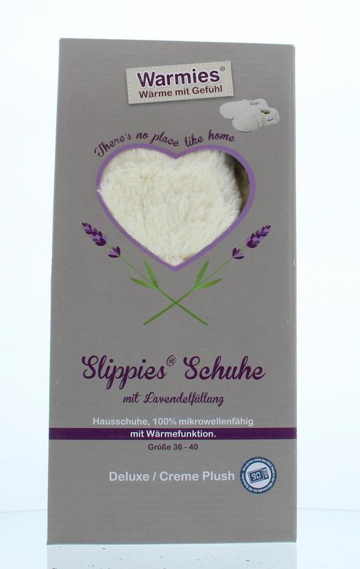 Warmies plush slippers in size 36-40, creme color, cozy slip-ons designed for comfort and warmth.