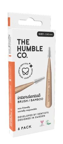 The Humble Co interdental borstel 0.45mm in orange, pack of 6, designed for cleaning between teeth with a slender brush.