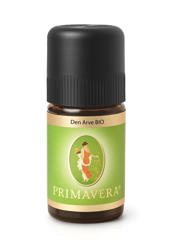 Primavera bio Primavera Den arve essential oil bottle, 5ml, with amber glass and label, showcasing natural herbal product.