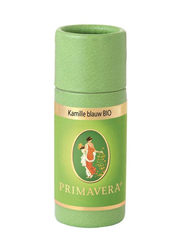 Primavera Kamille blauw bio etherische olie in 1ml bottle, natural chamomile essential oil with blue tint, for aromatherapy and skincare.