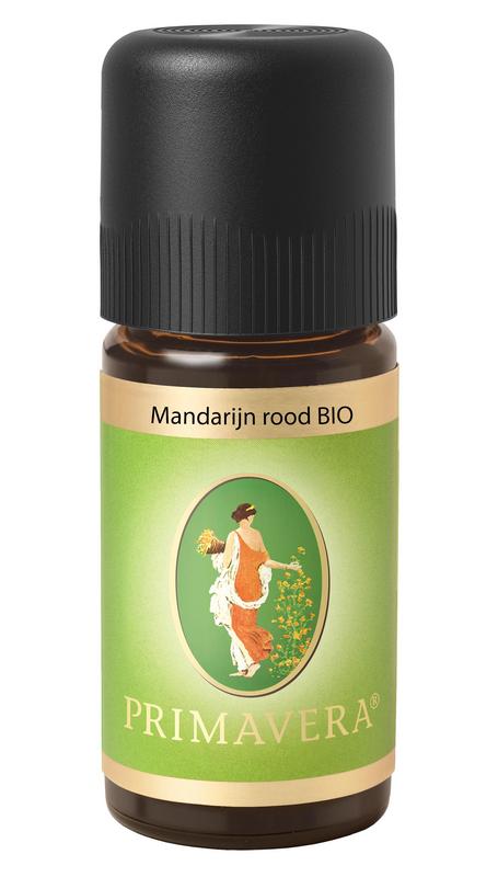 Primavera Mandarijn rood organic essential oil bottle, 5ml, with vibrant orange label and dropper cap.
