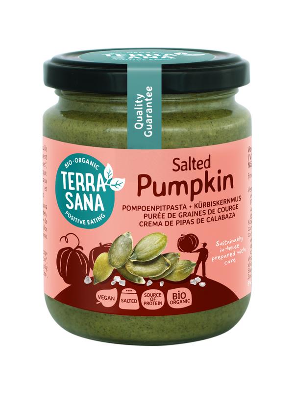 TerraSana organic pumpkin seed spread with Himalayan salt on bread, 250g jar, natural and nutritious broodbeleg.