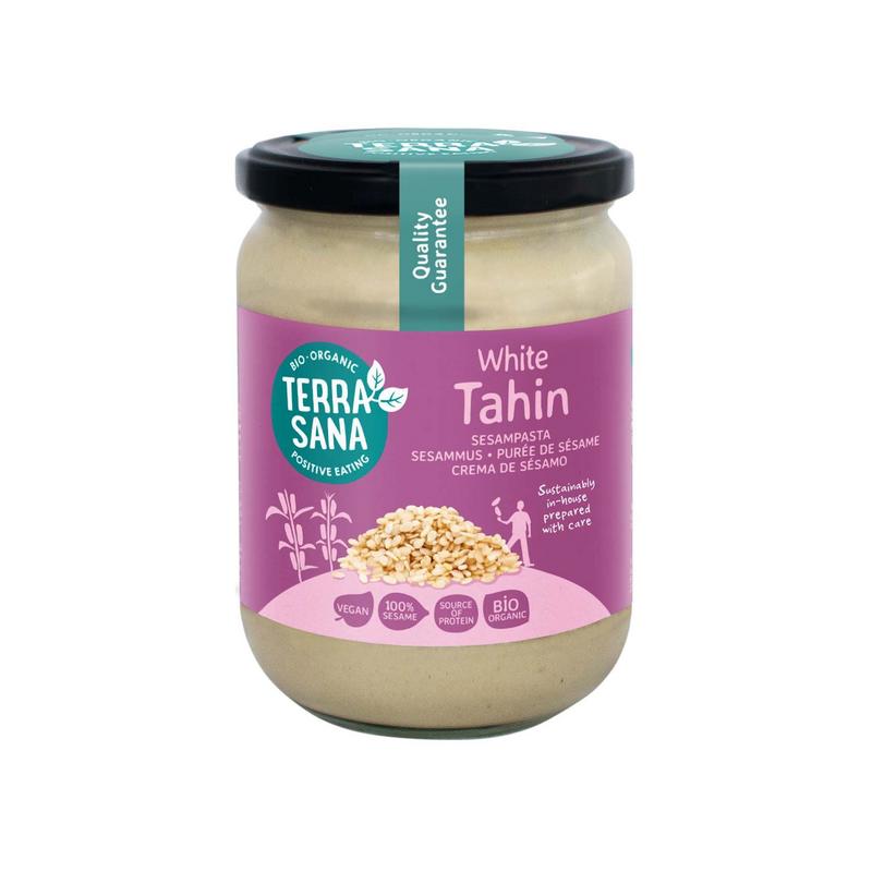 Organic TerraSana Tahin sesampasta spread in 500g jar, smooth sesame seed paste for bread and snacks.