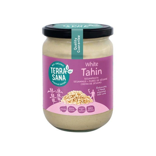 Organic TerraSana Tahin sesampasta spread in 500g jar, smooth sesame seed paste for bread and snacks.
